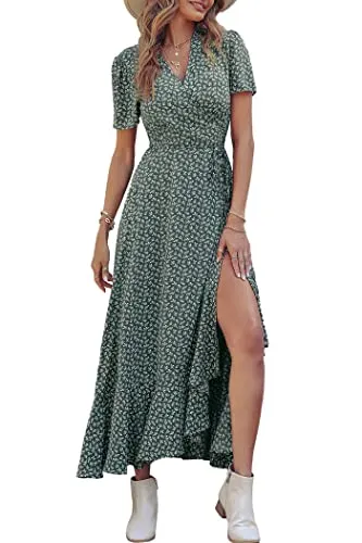 PRETTYGARDEN Women's Summer Wrap Maxi Dress Casual Boho Floral V Neck Short Sleeve Ruffle Hem Split Beach Long Dresses (Dark Green Floral,Medium)