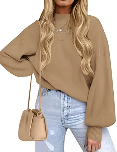 ZESICA Women's 2023 Casual Turtleneck Long Lantern Sleeve Oversized Ribbed Knit Pullover Sweater Jumper Top,LightKhaki,Large