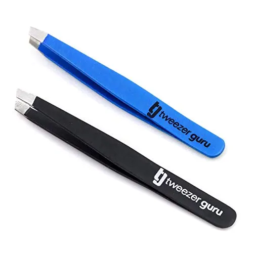 Tweezer Guru Tweezers for Women - 2pc Slant Pointed Precision Tweezers for Eyebrows & Ingrown Hair Removal - Blackhead and Splinter Tweezer with Sharp Needle Nose Point for Plucking (Black +Bold Blue)