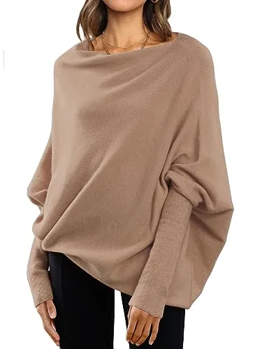 LILLUSORY Womens 2023 Fashion Fall Clothes Long Batwing Sleeve Off Shoulder Tunic Tops Oversized Crewneck Clothing Lightweight Outfits Slouchy Pullover Sweaters Brown