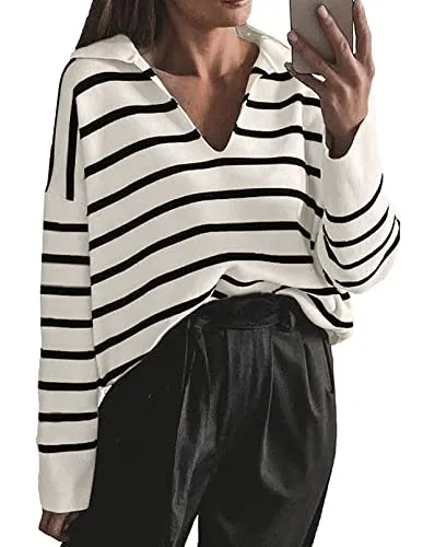 CFLONGE Women's Fall Winter Casual Breton Striped Long Sleeve Polo V Neck Pullover Sweater Loose Fit Drop Shoulder Knitted Shirts Tops(Large,Beige White)
