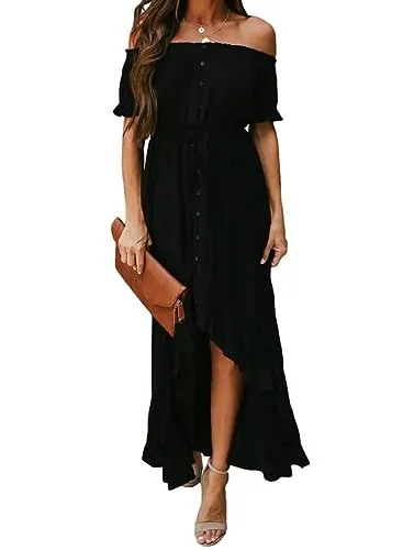 Dokotoo Womens Ladies Summer Sexy Off The Shoulder Casual Short Sleeve Button Down Maxi Midi Long Dress High Low Solid Ruffle Easter Party Dresses Black Small