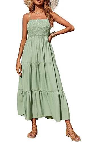 PRETTYGARDEN Women's Summer Maxi Dress Casual Boho Sleeveless Spaghetti Strap Smocked Tiered Long Beach Sun Dresses