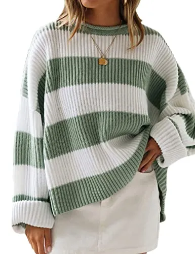 ZESICA Women's 2023 Fall Long Sleeve Crew Neck Striped Color Block Comfy Loose Oversized Knitted Pullover Sweater,Green,Large