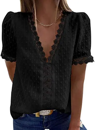 Dokotoo Women's Fashion Summer Short Sleeve Tops V Neck Lace Hem Basic Tee Shirts Pom Pom Chiffon Flowy Blouses Boho Clothing for Women M Black