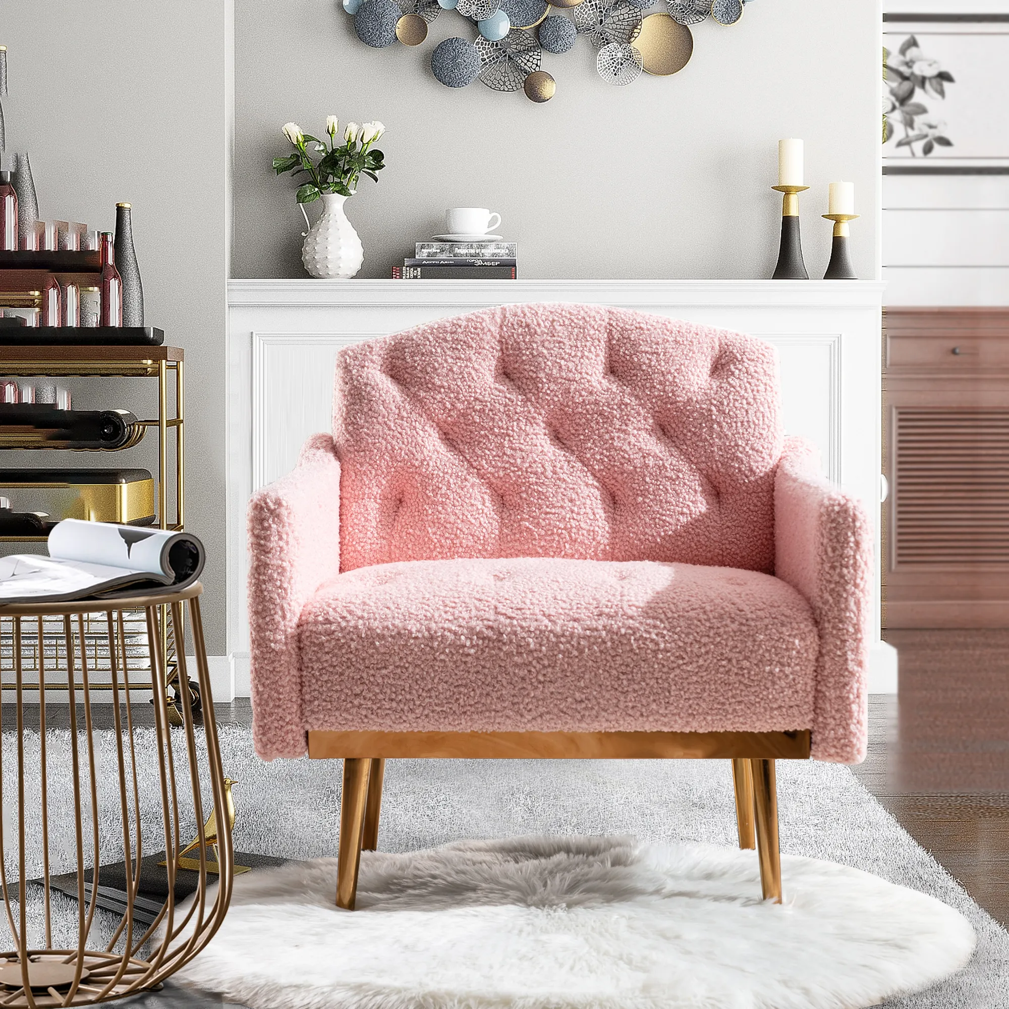 Muumblus Modern Accent Chair Upholstered Single Sofa Chair Sherpa Arm Chair for Living Room and Bedroom Comfy Armchair with Metal Legs Pink Velvet