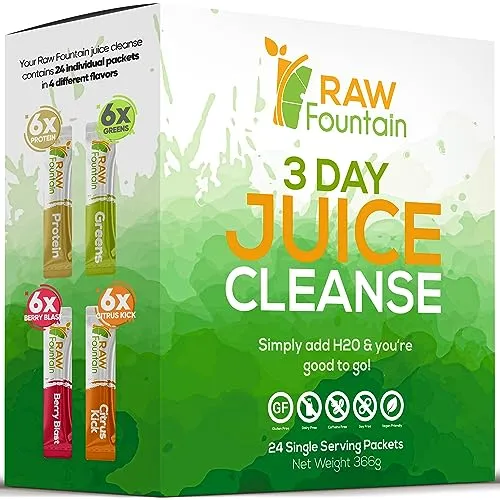 Raw Fountain 3 Day Juice Cleanse Detox, 24 Powder Packets, Travel and Vegan Friendly, 4 All Natural Flavors, Includes Protein (3 Day)