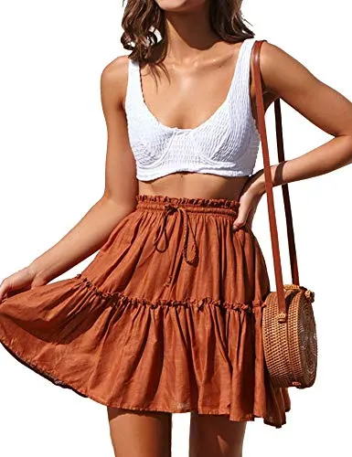Relipop Women's Floral Flared Short Skirt Polka Dot Pleated Mini Skater Skirt with Drawstring Caramel