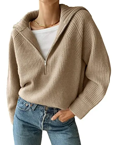 BTFBM Women&rsquo;s Casual Long Sleeve Half Zip Pullover Sweaters Solid V Neck Collar Ribbed Knitted Loose Slouchy Jumper Tops(Solid Light Khaki, Medium)