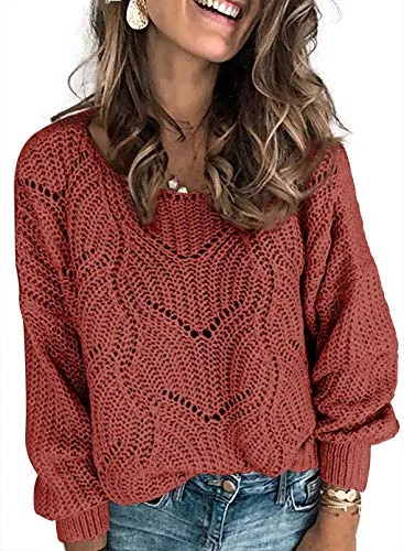 Dokotoo Women's Crewneck Sweaters Long Sleeve Solid Hollow Out Autumn Winter Fall Basic Casual Loose Chunky Knit Pullover Sweaters Jumper Tops Red Small