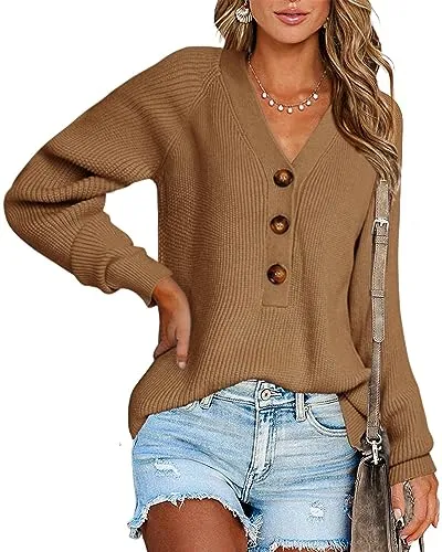 BTFBM Women Long Sleeve V Neck Button Down Sweater Solid Color Ribbed Knit Sweater Casual Relaxed Fit Pullover Jumper (Solid Brown, X-Large)