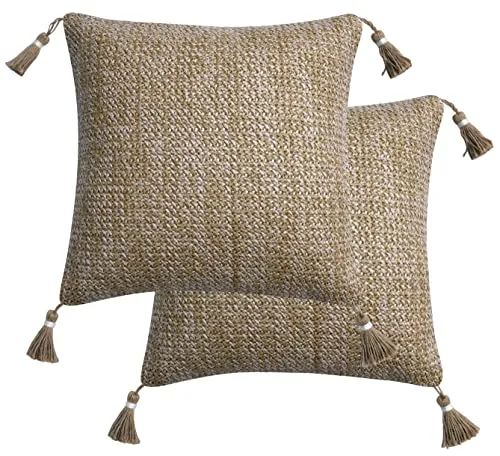 Honeycomb Indoor/Outdoor Raffia Natural Square Toss Pillow with Tassels, Woven Faux Jute Fabric, Recycled Polyester Fill, Weather Resistant, 2 Pack of Decorative Toss Pillows: 17&rdquo; x 17&rdquo;