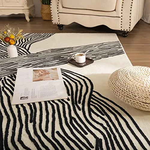 YIHOUSE 8&times;10 Ft Area Rugs Non-Shedding Washable Rug, Bedroom Living Room Dining Room Office Soft Nonslip Modern Rugs Faux Wool Collection Carpet Indoor/Outdoor Rugs-Black and White Rug
