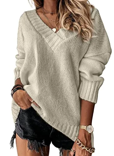 EVALESS Sweaters for Women Casual Deep V Neck Long Sleeve Oversized Sweater Fall Cable Knit Solid Color Jumper Loose Tunic Pullover Tops Khaki Medium
