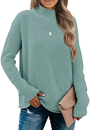 MEROKEETY Women's Long Sleeve Turtleneck Cozy Knit Sweater Casual Loose Pullover Jumper Tops Sage
