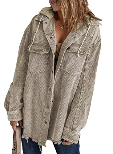 Dokotoo Ladies Corduroy Shacket Jackets for Women Fashion Contrast Color Block Oversized Hooded Long Sleeve Flannel Shirts Button Down Pocketed Casual Winter Fall 2023 Cardigans Outerwear Khaki Large