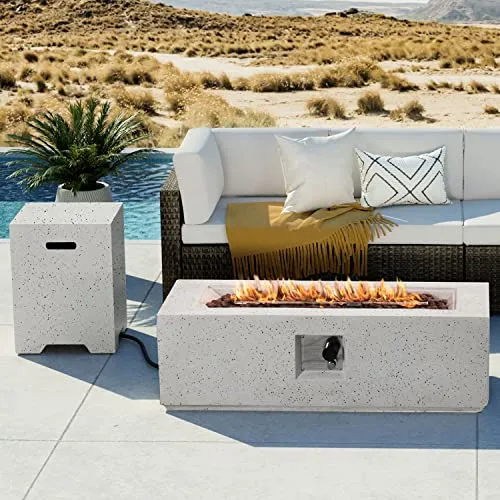 COSIEST 2-Piece Outdoor Propane Fire Pit Table Set w Tank Table, 42-inch Terrazzo Rectangle (50,000 BTU) 16 inches Cover Side 20lb, Waterproof for Garden, Pool, Backyard