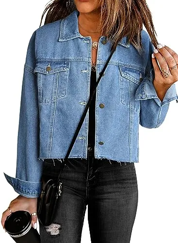 Dokotoo Women's Denim Jackets Casual Cropped Classic Jean Jackets Stretch Frayed Washed Long Sleeve Distressed Jeans Coat Denim Trucker Jackets With Pocket Autumn Spring Sky Blue Medium