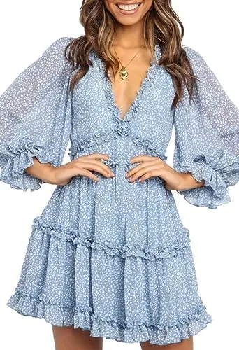 Dokotoo Womens Casual Spring Summer Deep V Neck Long Sleeve Print Short Mini Dress Skater A Line Dresses Sky Blue