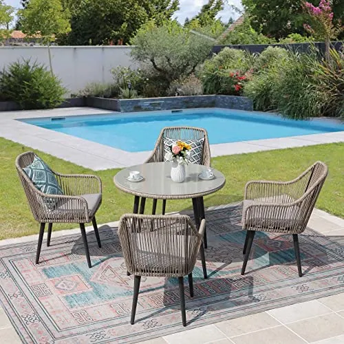 JOIVI 5 Piece Outdoor Dining Set, Wicker Patio Furniture Dining Table and Chairs Set with Cushions for 4 People, Tempered Glass Tabletop with 2.16&rdquo; Umbrella Hole, for Lawn, Backyard, Garden
