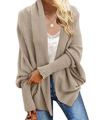 Imily Bela Women’s Kimono Batwing Cable Knitted Slouchy Oversized Wrap Cardigan Sweater A-Khaki