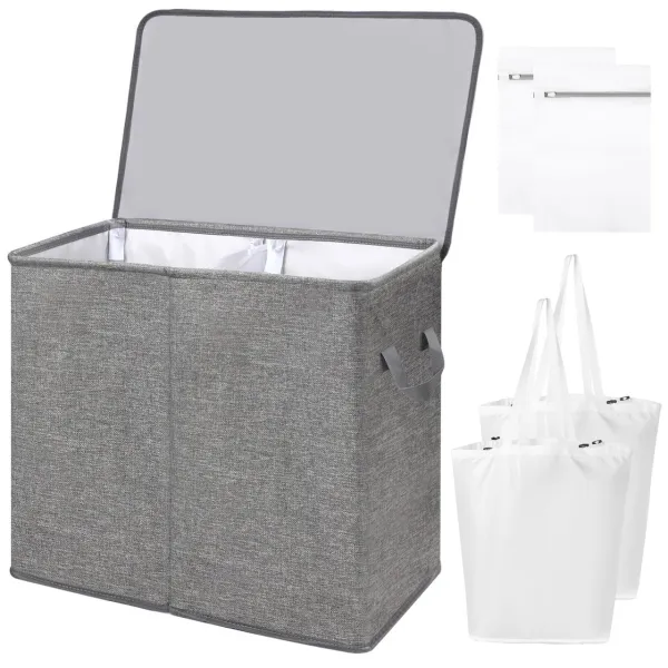 YOUPINS Double Laundry Hamper with Lid and Removable Laundry Bags Large Collapsible 2 Dividers Dirty Clothes Basket with Handles for Bedroom Laundry Room Closet Bathroom College Dark Gray