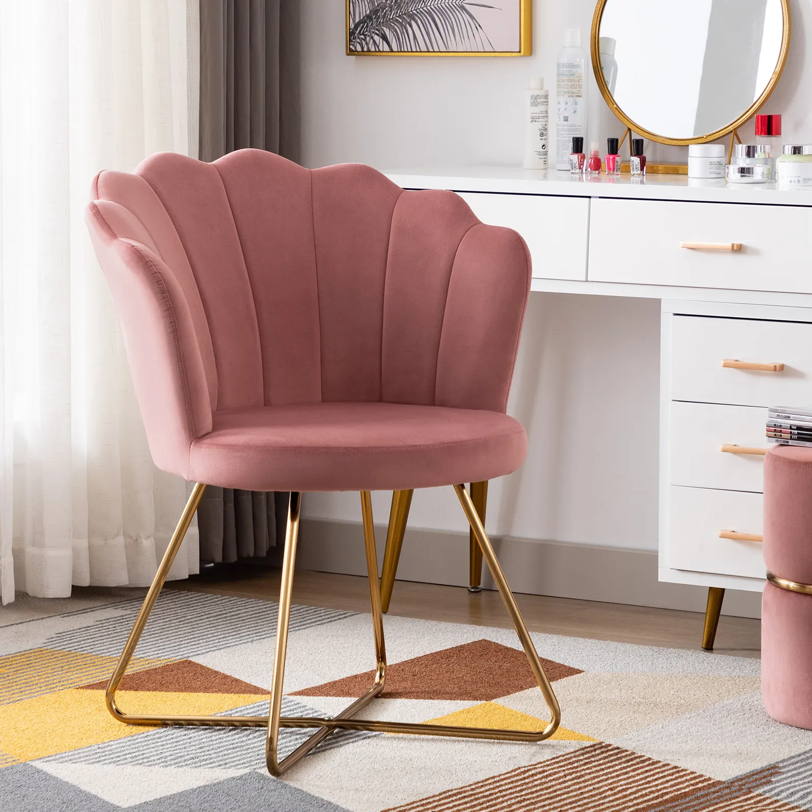 Duhome Velvet Makeup Accent Chair for Living Room Bedroom Makeup Vanity Chair with Back Pink and Gold