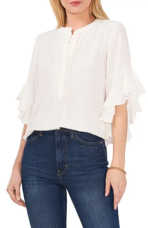 Vince Camuto Ruffle Sleeve Split Neck Blouse in New Ivory at Nordstrom, Size Small