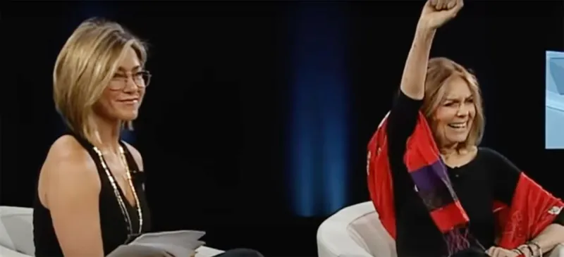Jennifer Aniston Wears “T” Necklace, Engagement Ring While Interviewing Gloria Steinem at Makers Conference