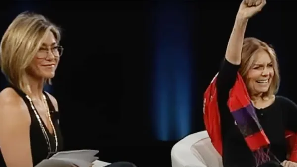 Jennifer Aniston Wears “T” Necklace, Engagement Ring While Interviewing Gloria Steinem at Makers Conference