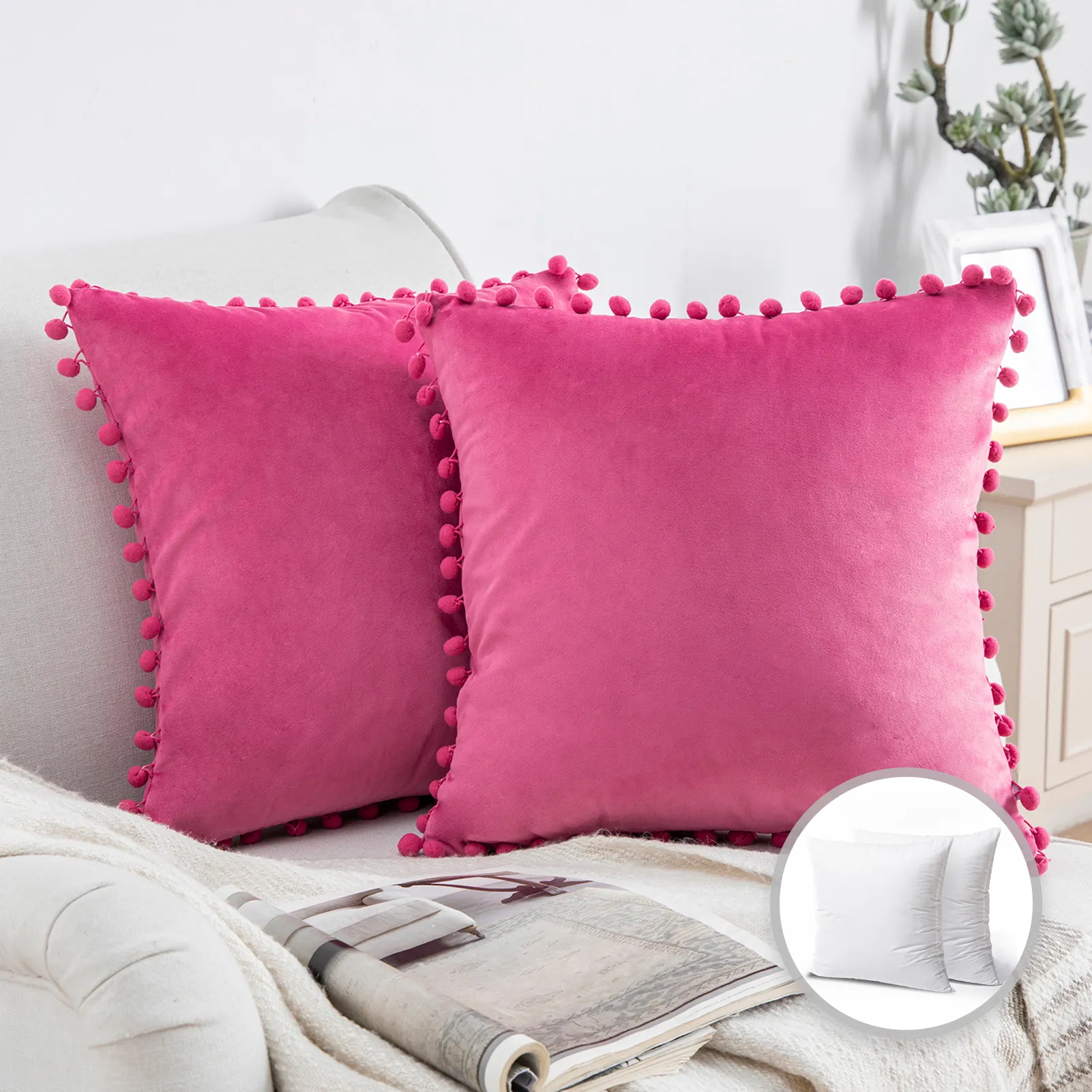 Phantoscope Throw Pillow with Insert，Silky Velvet Series Pom Pom Decorative pillow 20 x 20 Pink 2 Pack
