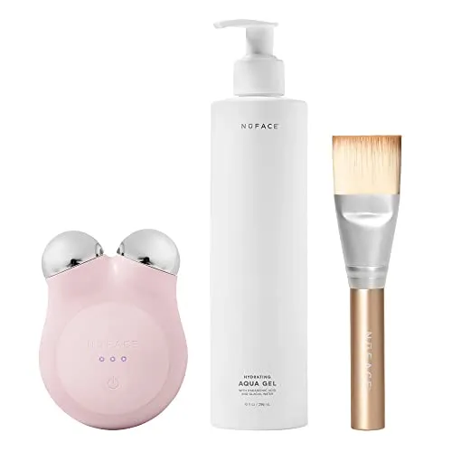NuFACE Mini+ Skincare Regimen &ndash; Petite Microcurrent Facial Toning Device with Aqua Gel Activator 10 Oz, Clean Sweep Applicator Brush + Travel Bag - Sandy Rose