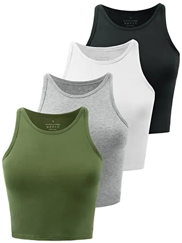 Kole Meego Crop Tops For Women Workout Cropped Tank Top Trendy High Neck Camisole Yoga Shirts Athletic Undershirts 4 Pack Black/White/Grey/Olive S
