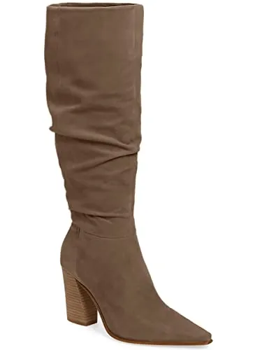 PiePieBuy Womens Faux Suede Knee High Boots Wide Calf Pointed Toe High Chunky Heel Side Zipper Booties