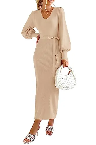 PRETTYGARDEN Women's 2023 Fall Knit Pullover Sweater Elegant Long Lantern Sleeve V Neck Maxi Dress (Apricot,Medium)