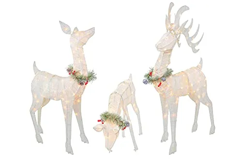 3-Piece Reindeer Family - Lighted Deer Set - 210 Lights 52" Buck 44" Doe 28" Fawn - Large Deer Family for Indoor or Outdoor Christmas Decorations Yard Art (White)