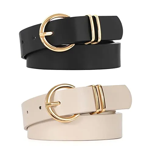 VONMELLI 2 Pack Women's Leather Belts for Jeans Pants Fashion Gold Buckle Ladies Belt Black Beige L