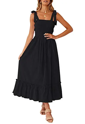 ZESICA Women's 2023 Summer Boho Spaghetti Strap Square Neck Solid Color Ruffle A Line Beach Long Maxi Dress,Black,X-Large