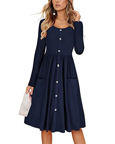 KILIG Womens Casual Fall Dresses Button Knee Length Long Sleeve Dress with Pockets(D1-Navy,Medium)