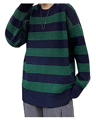 LifeShe Women's Men Striped Sweater Pullovers Oversized Knitted Jumpers Sweatershirts Streetwear Green