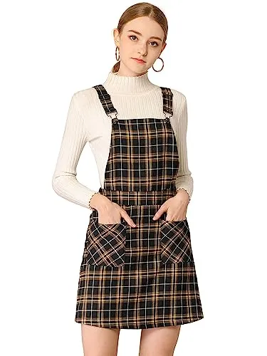 Allegra K Women's Adjustable Strap Above Knee Plaid Printed Overall Dress Suspender Skirt Small Black-Brown