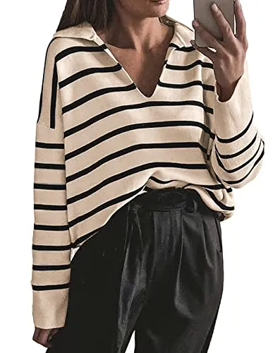 CFLONGE Women's Fall Winter Casual Breton Striped Long Sleeve Polo V Neck Pullover Sweater Loose Fit Drop Shoulder Knitted Shirts Tops(X-Large,Apricot)