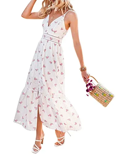 BerryGo Women's Embroidery Floral Maxi Dress Spaghetti Strap Pearl Button Down Dress White Floral Pink M