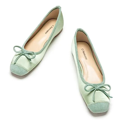 C.Paravano Round Toe Flats for Women | Silk Mixed Suede Leather Shoes for Women |Light Green Flats Shoe for Women Leather | Chic Knot Flats | Dressy Comfortable Shoes for Women(Size 9,Light Green-c)