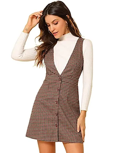 Allegra K Women's Overalls Suspenders Halloween V Neck Plaid Houndstooth Pinafore Dress Large Red Black