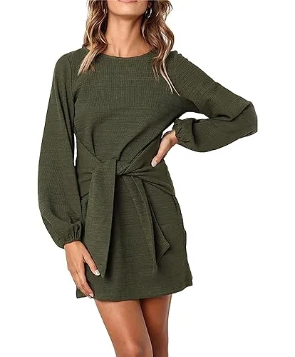 PRETTYGARDEN Women&rsquo;s Elegant Long Lantern Sleeve Short Dress Crewneck Tie Waist Knit Cocktail Dress Green