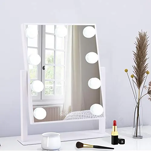 BWLLNI Lighted Makeup Mirror Hollywood Mirror Vanity Mirror with Lights, Touch Control Design 3 Colors Dimable LED Bulbs, Detachable 10X Magnification, 360&deg;Rotation, White.
