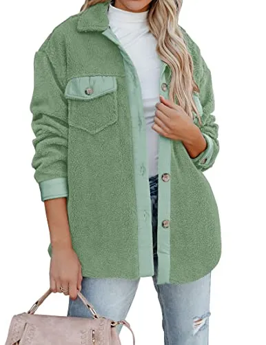 ZESICA Womens Winter Casual Sherpa Fleece Jacket Long Sleeve Button Solid Warm Fuzzy Outwear Coat Pockets,Green,Large