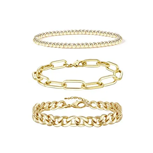 CONRAN KREMIX Gold Chain Bracelet Sets for Women Girls 14K Gold Plated Dainty Link Paperclip Bracelets Stake Adjustable Layered Gold Bracelet for Women Trendy Gold Jewelry For Women