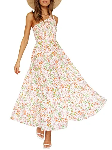 ZESICA Women's 2023 Bohemian Summer Floral Print One Shoulder Sleeveless Smocked Ruffle Tiered Beach Long Midi Dress,WhitePink,Medium